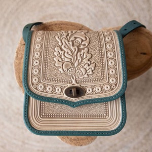 Leather Crossbody Bag: Beige & Green Shoulder Tote Bag, Messenger handbag