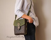 Green brown leather bag Leather shoulder bag Medium crossbody satchel bag Genuine leather handmade handbag Embossed leather bag Unisex bag