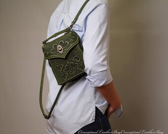 Olive Green Leather Convertible Backpack Purse: Small Crossbody Bag