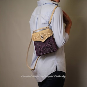 Small backpack convertible into crossbody bag Mini leather rucksack Satchel Purple and beige backpack purse Sister birthday gift