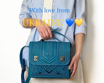 Teacher Tote Bag, Turquoise Leather Briefcase: Women's Messenger Bag, Crossbody Handbag