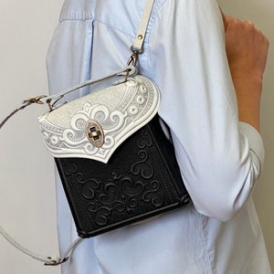 Convertible Leather Mini Backpack Purse: Black & White Crossbody Bag