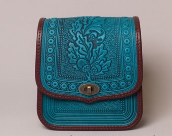 Turquoise & Burgundy Leather Crossbody Bag: Shoulder Purse, Handbag