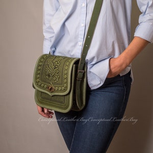 Leather crossbody bags for women- Shoulder purse - Leather tote bag - Green leather handbag - Christmas gift long distance - Tooled bag