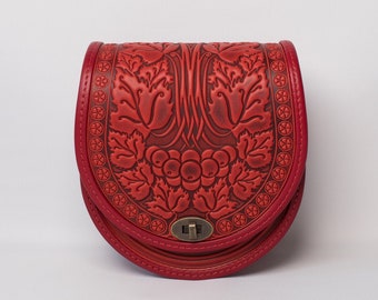 Red Leather Crossbody Bag: Embossed Tooled Shoulder Purse