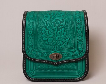 Leather Crossbody Bag: Emerald Green Small Messenger Handbag, Tote Bag, Purse