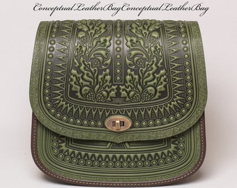 Green leather crossbody bag  Green shoulder purse Green handbags Leather bags Every day handbag Messenger purse Embossed bag Idea for gift