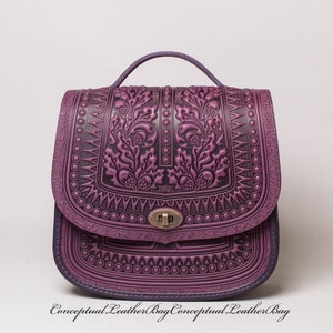 Leather crossbody purse Purple leather bag Purple handbag Purple purse Cross body messenger bag Shoulder handbag Tooled leather purse Gift