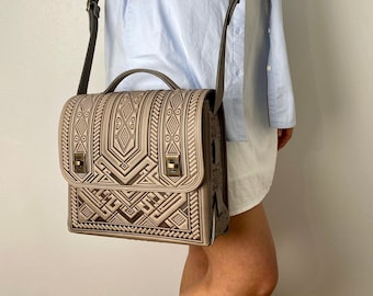 Teacher Tote Bag, Gray leather purse crossbody bag, Messenger bag, Leather briefcase, Shoulder Bag, Handbag