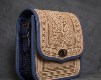 Embossed Leather Crossbody Bag: Beige & Blue Satchel Purse