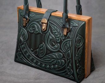 Dark Green Leather Purse Top Handle Bag: Tote Bag, Evening Handbag