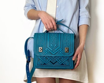 Leather crossbody bag Mother Day Gift for woman Crossbody briefcase turquoise Leather attaché Embossed purse for tablet Blue leather handbag