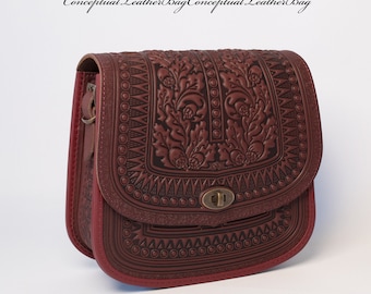 Big crossbody purse mahogany Bordeaux Leather purses Leather bag Messenger handbag Embossed purse Shoulder bag Hot tooled leather purse