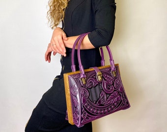 Purple Leather Top Handle Bag: Oak Wood Frame, Elegant Tote