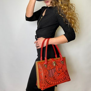 Evening bag Red purses for women Top handle bags Floral purse Frame handbag Leather unique handmade tote bag 3rd anniversary gift for her