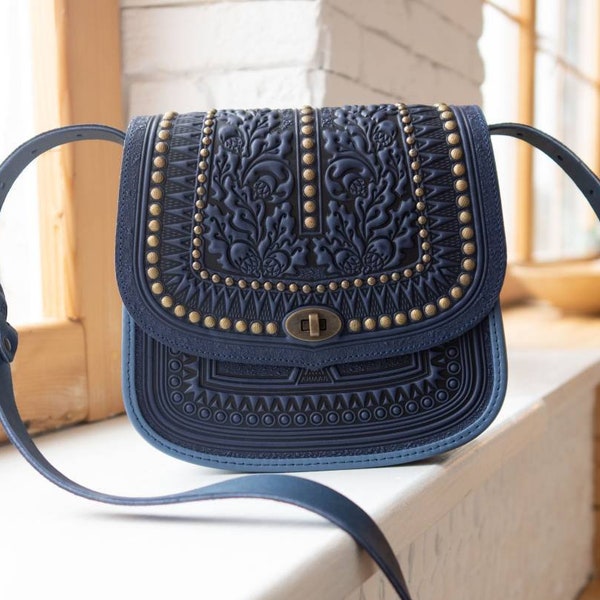 Crossbody bag Crossbody purse Leather purse Shoulder handbag Western crossbody purse Blue leather purse Messenger purse Embossed bag