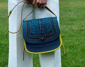 Blue Turquoise Leather Crossbody Bag: Metal Accents, Adjustable Strap