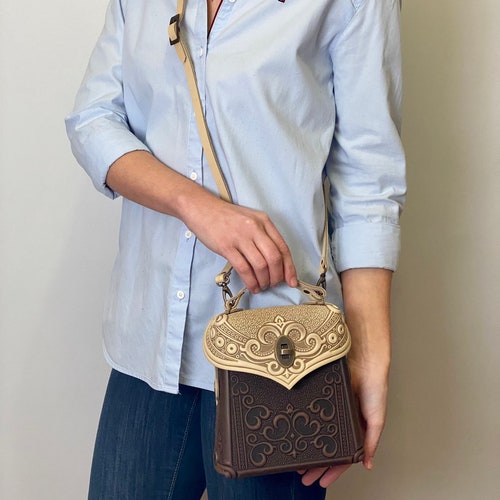 Small leather backpack Woman's convertible shops purse Mini backpack-purse Leather bag-transformer Small crossbody bag Beige and brown leather bag