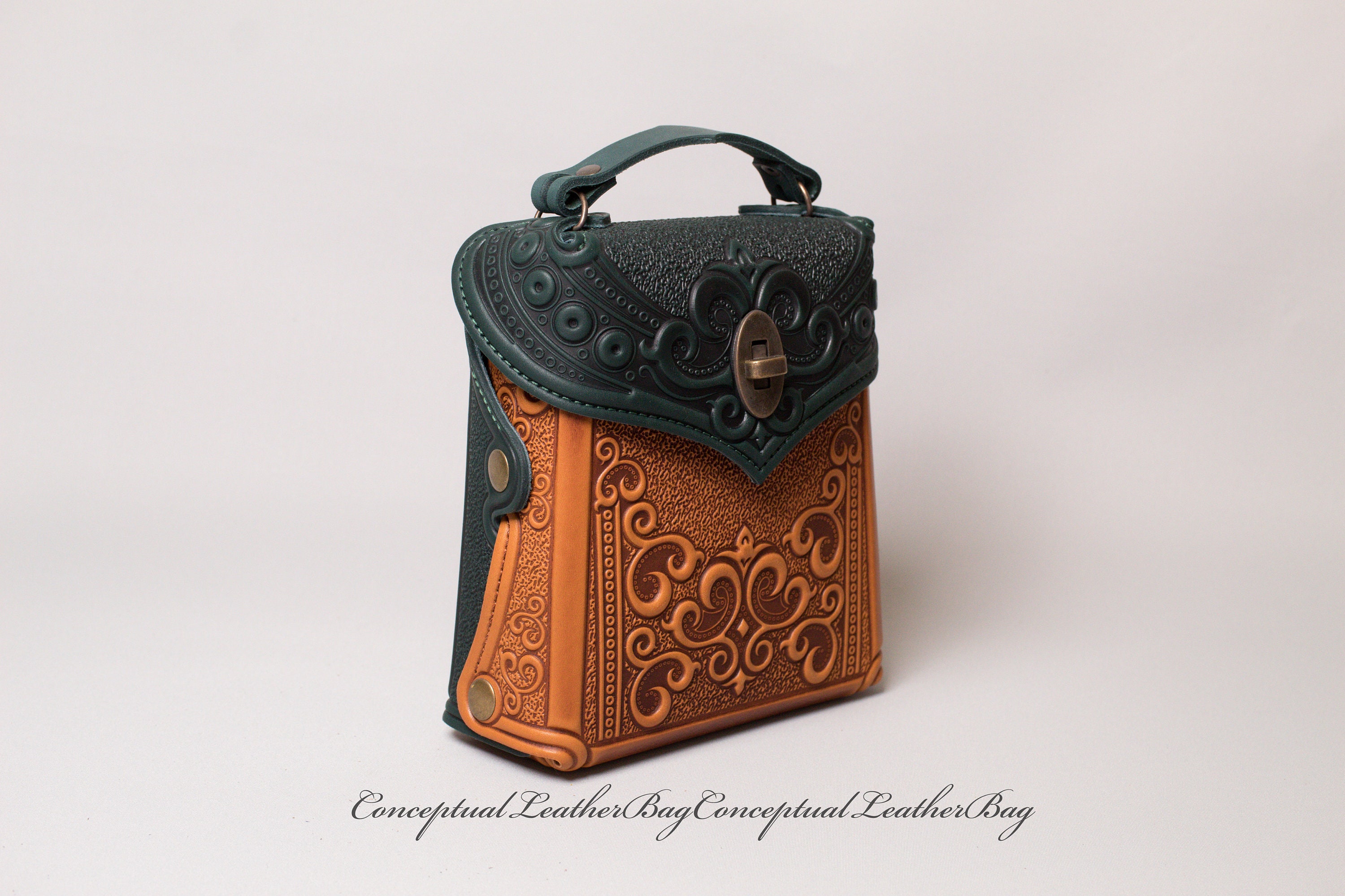 Convertible Leather Mini Backpack Purse: Green & Orange 