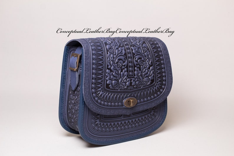 Blue crossbody purse Blue leather purse Leather messenger bag Woman shoulder handbag Blue leather purse Embossed handbag Tooled leather bag blue side