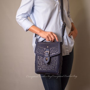 Blue leather crossbody handbag, Medium shoulder handbag made from high quality materials, Tooled leather bag, Unisex handbag, Bag for tablet