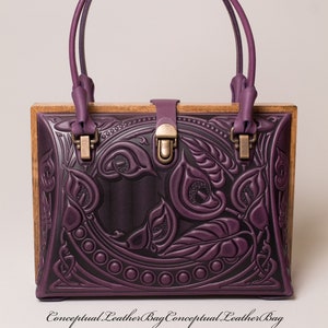 Purple leather purse, Top handle bag, Women tote bag, Elegant evening bag, Leather purse with wooden frame, 3rd anniversary gift for wife