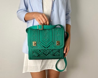 Teacher Tote Bag, Green briefcase for women and men, Leather purse, Messenger crossbody bag, Handbag shoulder bag, Green gifts for women