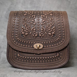 Leather crossbody bag Brown woman bag Large shoulder bag Daily leather handbag Capacity leather handbag Tooled handmade leather bag