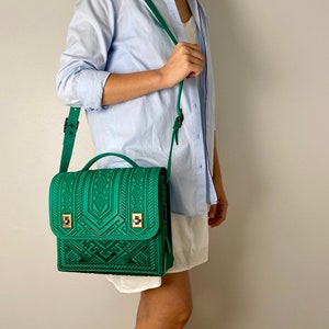 Emerald leather crossbody bag, women briefcase, green leather handbag, embossed purse for tablet, messenger bag, long distance gift
