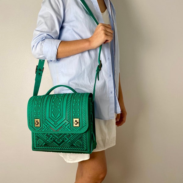 Teacher Tote Bag, Emerald Leather Crossbody Bag: Women's Briefcase, Tablet Purse, Handbag, Shoulder Purse
