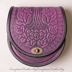 Purple/black leather bag Shoulder handbag Crossbody tote bag Messenger leather bag Embossed genuine leather Hot tooled handbag Bag for her