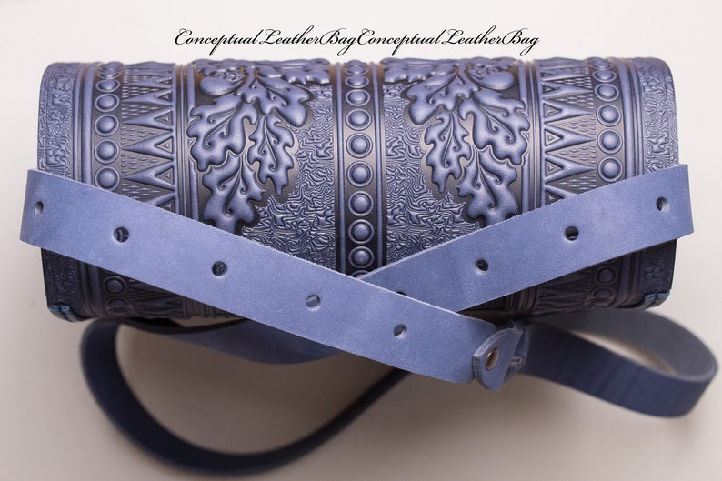 Blue crossbody purse Blue leather purse Leather messenger bag Woman shoulder handbag Blue leather purse Embossed handbag Tooled leather bag image 3