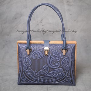 Bolso de cuero Bolsos de mano para mujer Bolso con marco Bolso con flores Regalo para el cumpleaños de la esposa Bolso de noche azul El mejor bolso de mano de cuero Bolso de mano azul