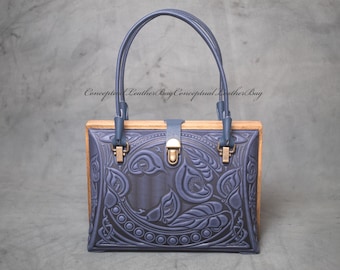 Leather purse Top handle bags for women Frame bag Floral purse Gift for wife birthday Evening bag blue Best tote bag leather Handbag blue