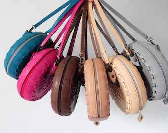 Leather Shoulder Bag with adjustable strap for Cross body Purse: Round purse, Turquoise Tote, Leather handbag