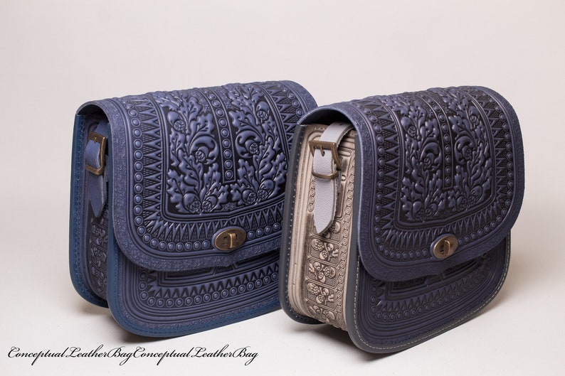 Blue crossbody purse Blue leather purse Leather messenger bag Woman shoulder handbag Blue leather purse Embossed handbag Tooled leather bag grey side