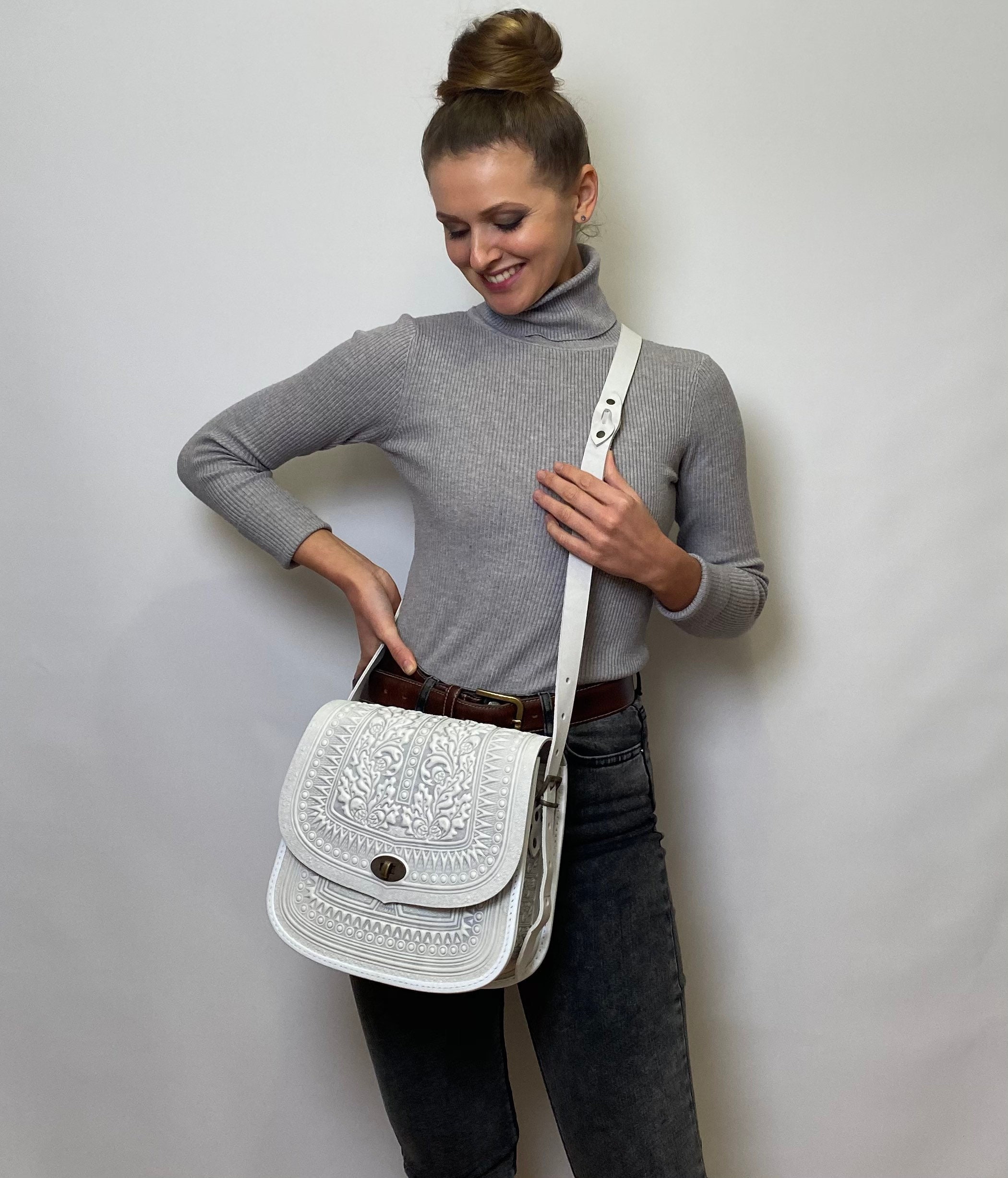 White Messenger Bag for a Woman Leather Crossbody or Shoulder Etsy