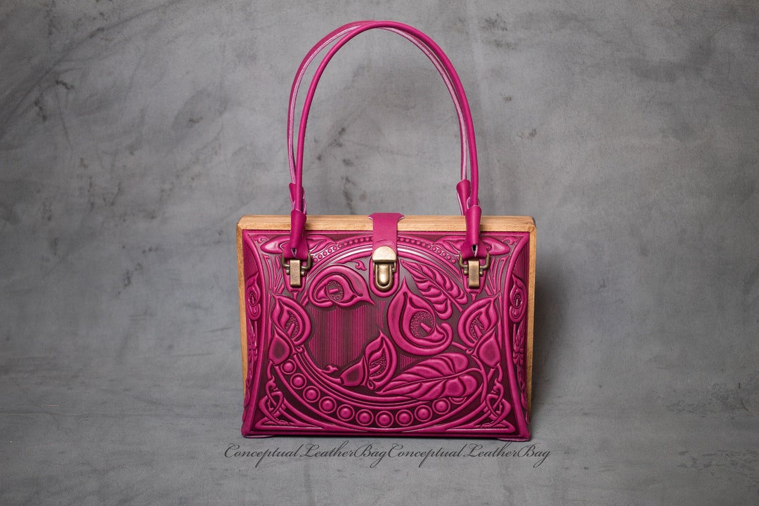 Magenta Tote Bag Leather Top Handle Floral Purse Gift for Wife