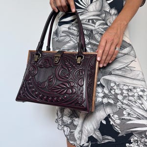 Leather Purse, Top Handle Bag:  Purple Handbag with Oak Wood Frame