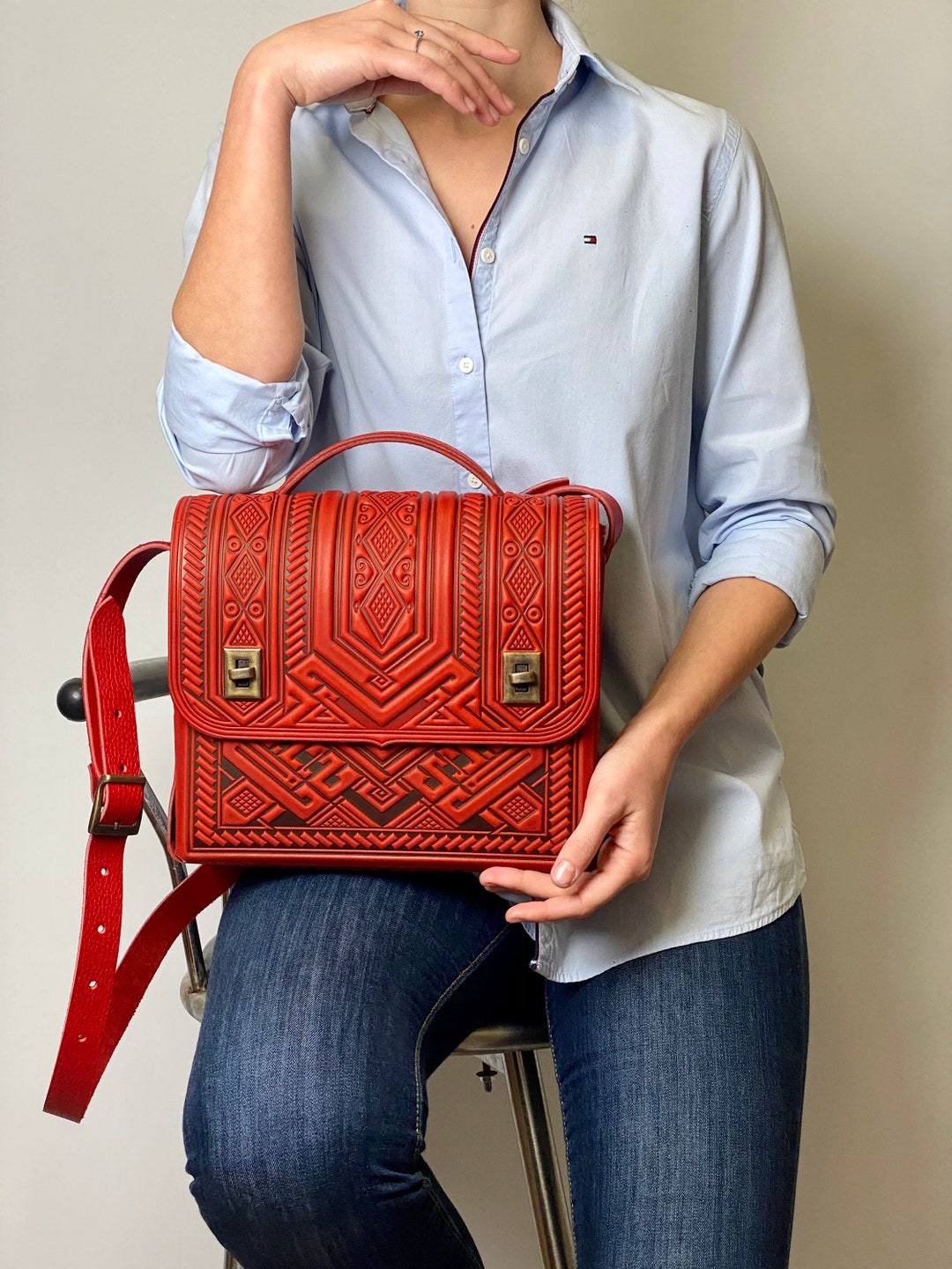 Red Leather Briefcase Red Crossbody Briefcase Women's Leather Attaché Red Leather Purse Red
