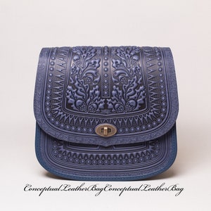 Blue crossbody purse Blue leather purse Leather messenger bag Woman shoulder handbag Blue leather purse Embossed handbag Tooled leather bag