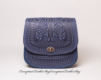 Blue crossbody purse Blue leather purse Leather messenger bag Woman shoulder handbag Blue leather purse Embossed handbag Tooled leather bag