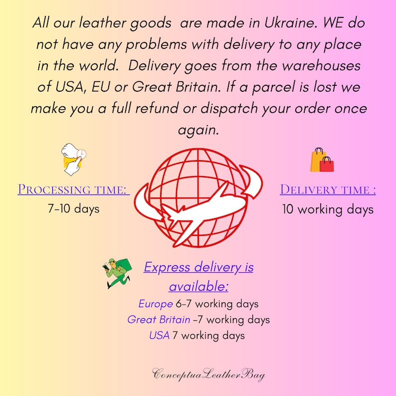 May include: A graphic showing delivery times for leather goods. Processing time is 7-10 days. Standard delivery is 10 working days. Express delivery is available with times for Europe, Great Britain, and the USA. The graphic includes a globe with an airplane, a shopping bag, and a delivery person.