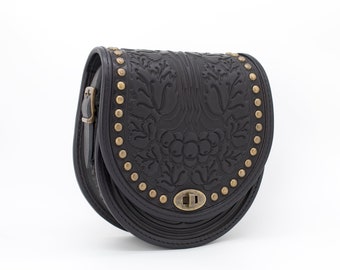 Black Leather Crossbody Purse: Embossed Saddle Bag