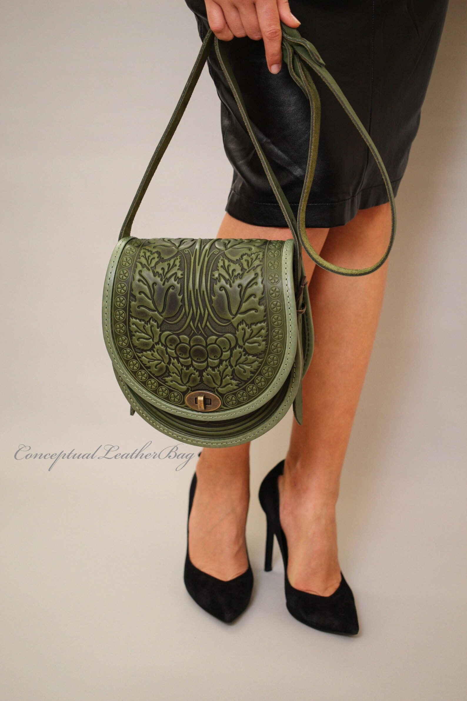 Olive leather bag for a woman Medium shoulder handbag Medium Etsy