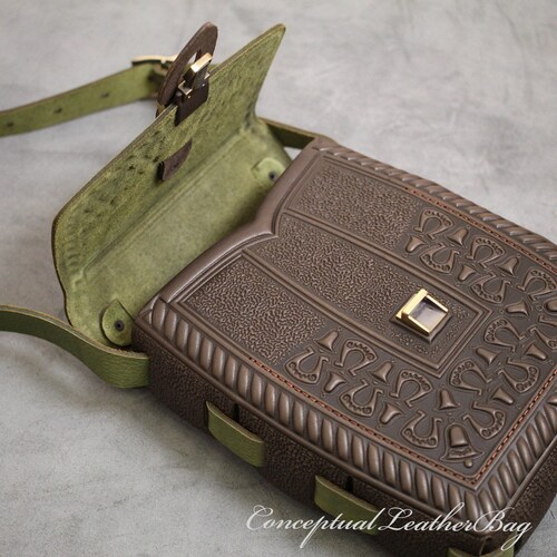 Green/brown leather bag Leather shoulder bag newest Medium crossbody satchel bag Genuine leather handmade handbag Embossed leather bag Unisex bag