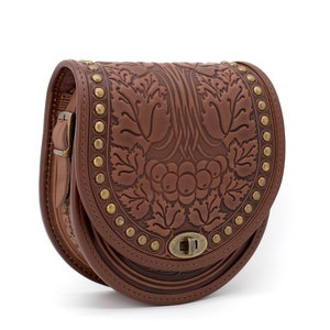 Brown Leather Crossbody Bag: Women&#39;s Round Saddle Purse, Handbag, Shoulder bag