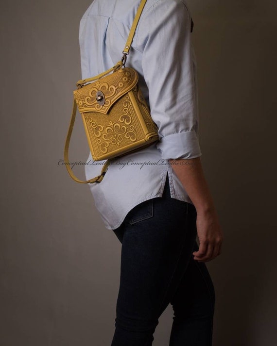 Yellow Leather Convertible Backpack Purse: Mini Crossbody  display picture 1
