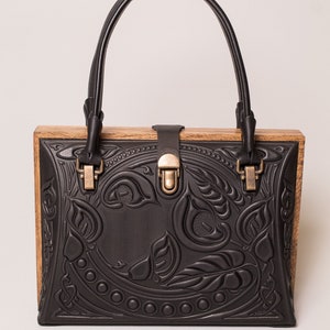 Bolso de cuero negro, bolso con asa superior, bolso tote para mujer, bolso de noche elegante, bolso de cuero con marco de madera, regalo de tercer aniversario para esposa
