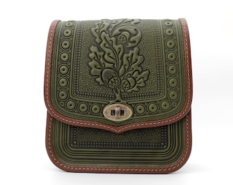 Leather Crossbody Bag: Olive Green Brown with Brown Shoulder Handbag
